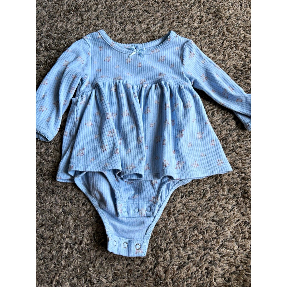 Cloud Island 0-3M Blue Cotton Rib Knit Floral Long Sleeve Snap Bow Bodysuit